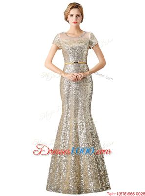 Scoop Sequins Floor Length Mermaid Sleeveless Champagne Prom Party Dress Zipper