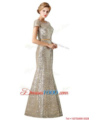 Scoop Sequins Floor Length Mermaid Sleeveless Champagne Prom Party Dress Zipper