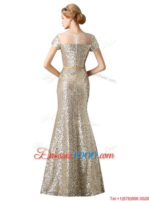 Scoop Sequins Floor Length Mermaid Sleeveless Champagne Prom Party Dress Zipper