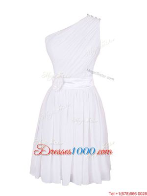 Sweet White One Shoulder Neckline Hand Made Flower Prom Evening Gown Sleeveless Zipper