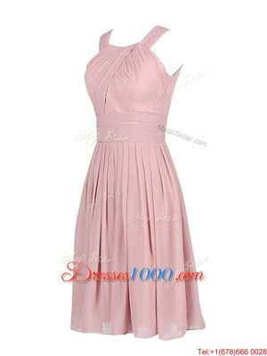 Exquisite Scoop Sleeveless Chiffon Knee Length Zipper Prom Homecoming Dress in Pink for with Pleated
