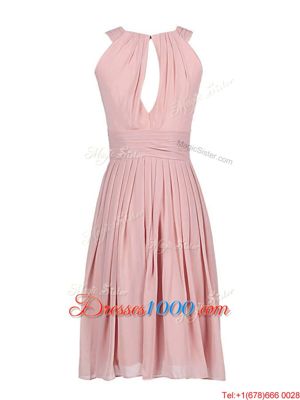 Exquisite Scoop Sleeveless Chiffon Knee Length Zipper Prom Homecoming Dress in Pink for with Pleated