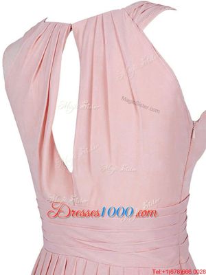 Exquisite Scoop Sleeveless Chiffon Knee Length Zipper Prom Homecoming Dress in Pink for with Pleated