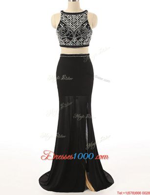 Scoop Beading Prom Dresses Black Zipper Sleeveless With Brush Train