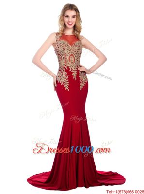 Vintage Wine Red Column/Sheath Scoop Sleeveless Elastic Woven Satin With Brush Train Side Zipper Lace and Appliques Prom Gown