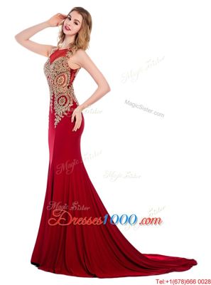 Vintage Wine Red Column/Sheath Scoop Sleeveless Elastic Woven Satin With Brush Train Side Zipper Lace and Appliques Prom Gown