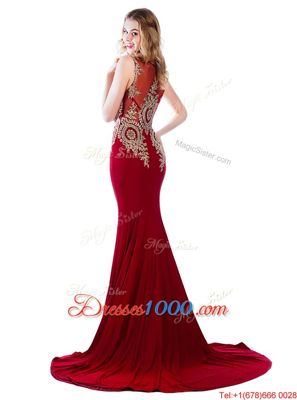 Vintage Wine Red Column/Sheath Scoop Sleeveless Elastic Woven Satin With Brush Train Side Zipper Lace and Appliques Prom Gown