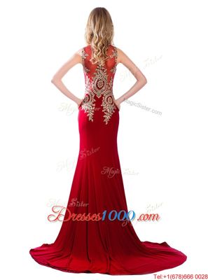 Vintage Wine Red Column/Sheath Scoop Sleeveless Elastic Woven Satin With Brush Train Side Zipper Lace and Appliques Prom Gown