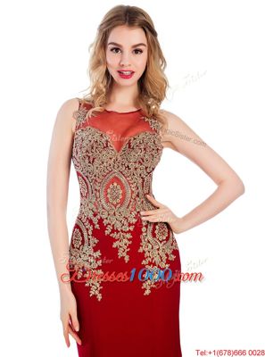 Vintage Wine Red Column/Sheath Scoop Sleeveless Elastic Woven Satin With Brush Train Side Zipper Lace and Appliques Prom Gown