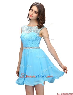 Baby Blue Bateau Neckline Beading and Ruching Evening Dress Sleeveless Zipper
