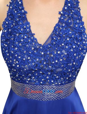 Nice Royal Blue Chiffon Criss Cross V-neck Sleeveless Mini Length Club Wear Beading and Belt