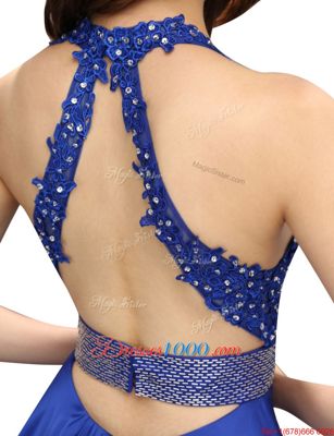 Nice Royal Blue Chiffon Criss Cross V-neck Sleeveless Mini Length Club Wear Beading and Belt