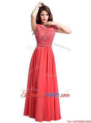Ideal Scoop Watermelon Red Zipper Homecoming Gowns Beading Cap Sleeves Floor Length