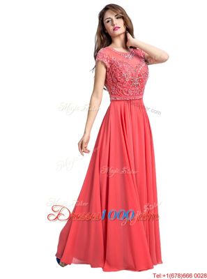 Ideal Scoop Watermelon Red Zipper Homecoming Gowns Beading Cap Sleeves Floor Length