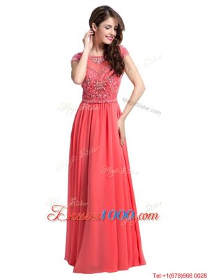 Ideal Scoop Watermelon Red Zipper Homecoming Gowns Beading Cap Sleeves Floor Length