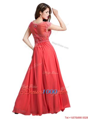 Ideal Scoop Watermelon Red Zipper Homecoming Gowns Beading Cap Sleeves Floor Length