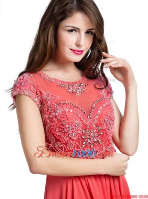 Ideal Scoop Watermelon Red Zipper Homecoming Gowns Beading Cap Sleeves Floor Length