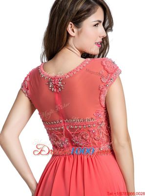 Ideal Scoop Watermelon Red Zipper Homecoming Gowns Beading Cap Sleeves Floor Length