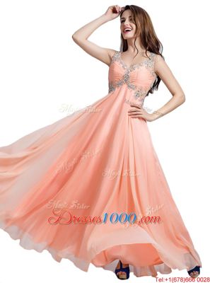 Super Peach Backless Prom Gown Beading Sleeveless Floor Length