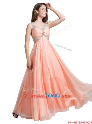 Super Peach Backless Prom Gown Beading Sleeveless Floor Length