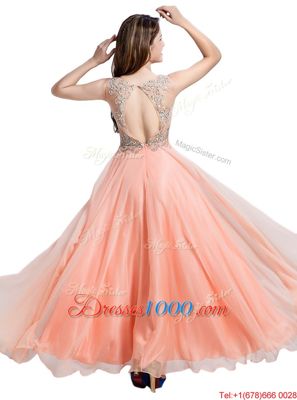 Super Peach Backless Prom Gown Beading Sleeveless Floor Length