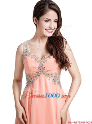 Super Peach Backless Prom Gown Beading Sleeveless Floor Length