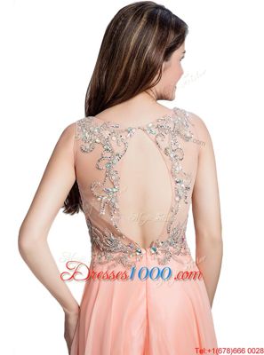 Super Peach Backless Prom Gown Beading Sleeveless Floor Length