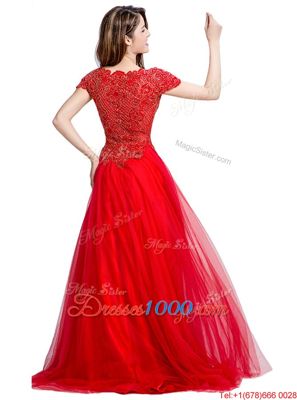 Hot Sale Coral Red Side Zipper Square Beading Evening Gowns Tulle Cap Sleeves