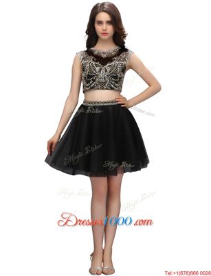 Knee Length Black Prom Party Dress High-neck Sleeveless Backless