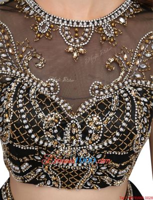 Knee Length Black Prom Party Dress High-neck Sleeveless Backless