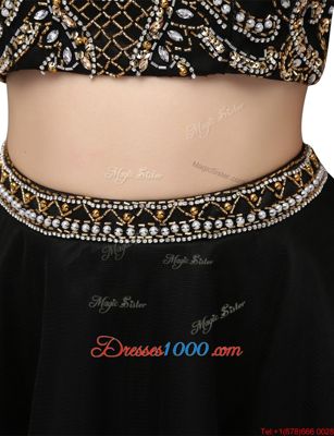 Knee Length Black Prom Party Dress High-neck Sleeveless Backless