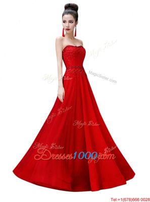 Red Sleeveless Chiffon Lace Up Prom Dress for Prom and Party