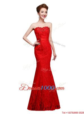 Mermaid Lace Strapless Sleeveless Lace Up Lace Evening Dress in Red