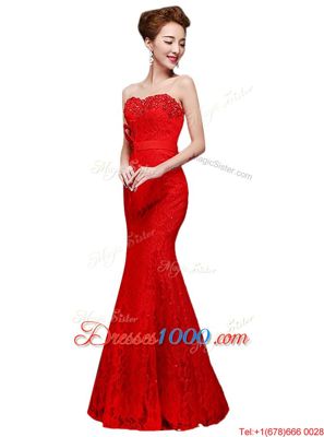 Mermaid Lace Strapless Sleeveless Lace Up Lace Evening Dress in Red