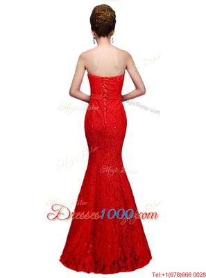 Mermaid Lace Strapless Sleeveless Lace Up Lace Evening Dress in Red