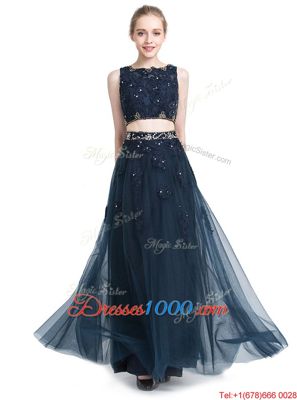 Perfect Chiffon Scoop Sleeveless Zipper Beading Prom Gown in Navy Blue
