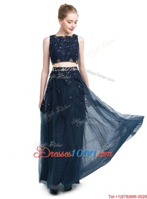 Perfect Chiffon Scoop Sleeveless Zipper Beading Prom Gown in Navy Blue