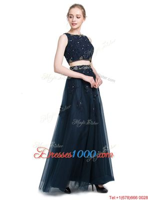 Perfect Chiffon Scoop Sleeveless Zipper Beading Prom Gown in Navy Blue