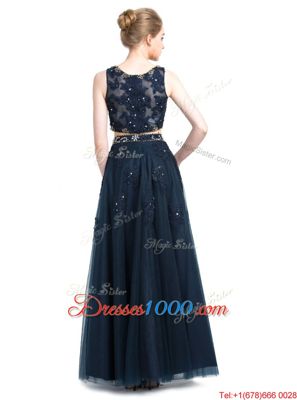 Perfect Chiffon Scoop Sleeveless Zipper Beading Prom Gown in Navy Blue