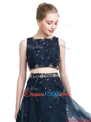 Perfect Chiffon Scoop Sleeveless Zipper Beading Prom Gown in Navy Blue