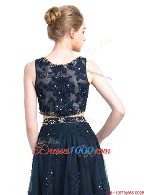 Perfect Chiffon Scoop Sleeveless Zipper Beading Prom Gown in Navy Blue