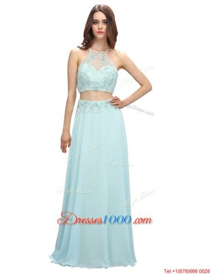 Designer Scoop Sleeveless Prom Party Dress Floor Length Beading Light Blue Chiffon