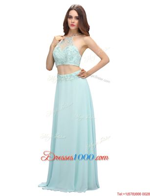 Designer Scoop Sleeveless Prom Party Dress Floor Length Beading Light Blue Chiffon