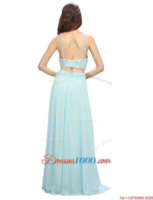 Designer Scoop Sleeveless Prom Party Dress Floor Length Beading Light Blue Chiffon