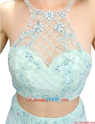 Designer Scoop Sleeveless Prom Party Dress Floor Length Beading Light Blue Chiffon