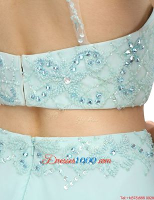 Designer Scoop Sleeveless Prom Party Dress Floor Length Beading Light Blue Chiffon