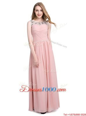 Glorious Scoop Sleeveless Homecoming Party Dress Floor Length Beading Pink Chiffon