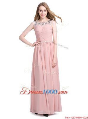 Glorious Scoop Sleeveless Homecoming Party Dress Floor Length Beading Pink Chiffon