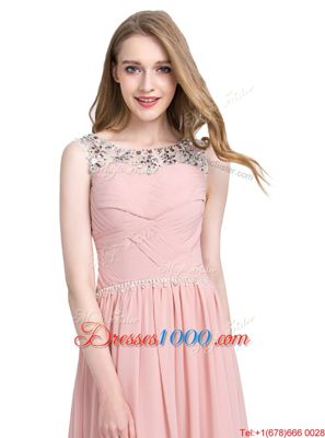 Glorious Scoop Sleeveless Homecoming Party Dress Floor Length Beading Pink Chiffon