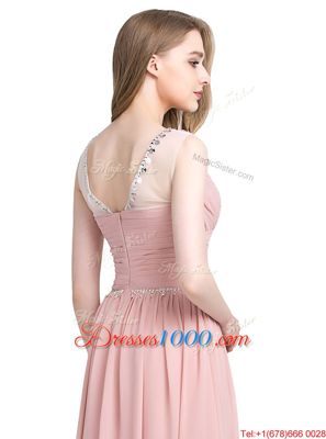 Glorious Scoop Sleeveless Homecoming Party Dress Floor Length Beading Pink Chiffon